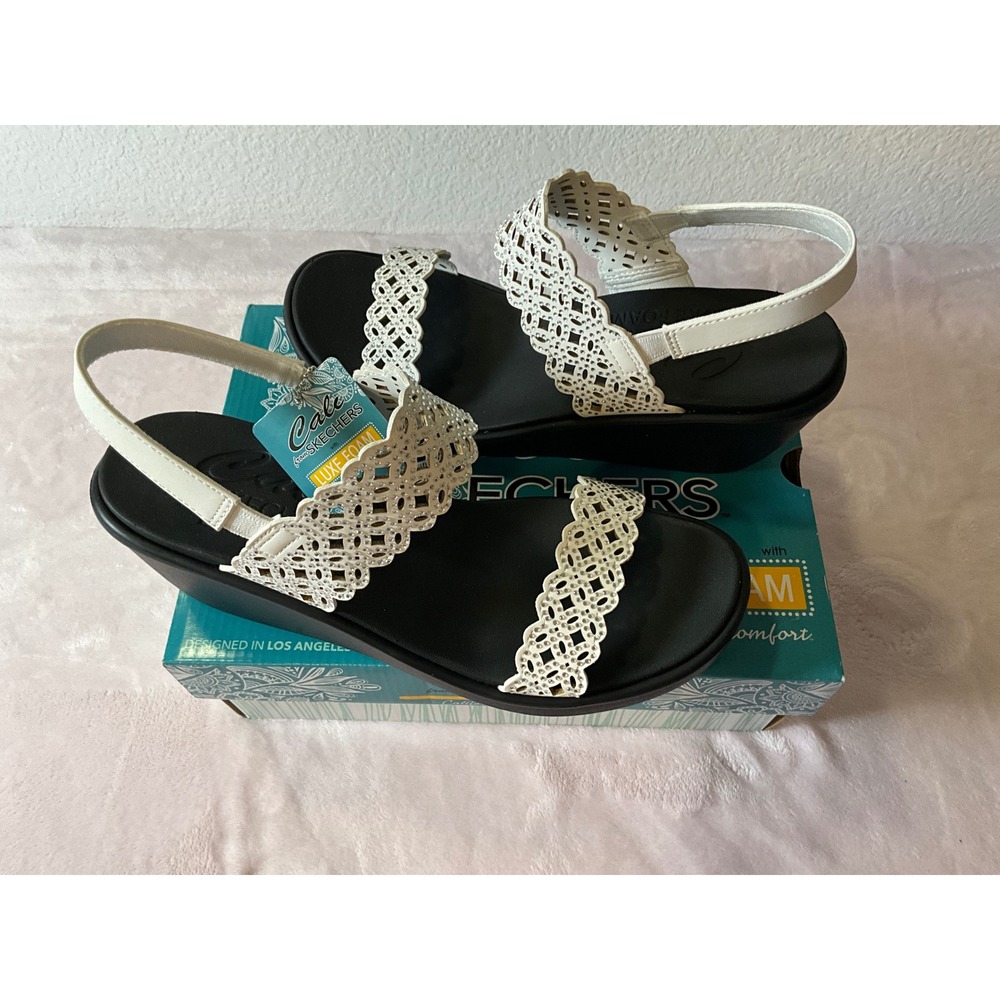 Skechers Cali Rumble On Sassy Dayz White Wedge‎ Sandals Rhinestone Vegan 119147